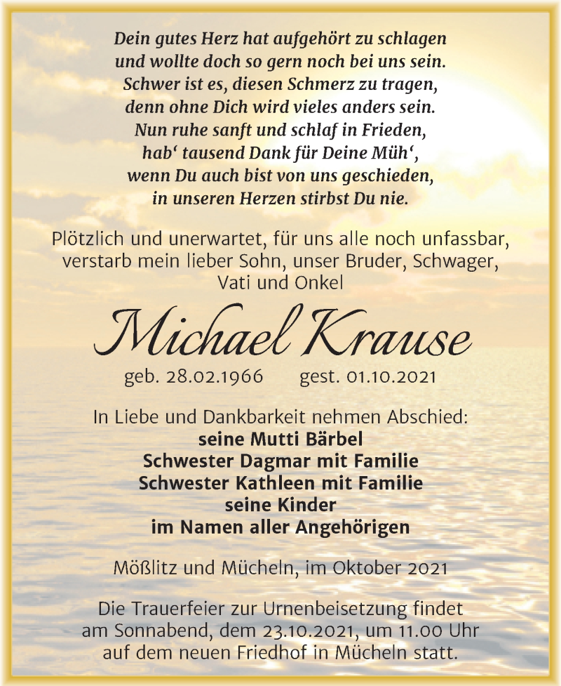  Traueranzeige für Michael Krause vom 16.10.2021 aus Trauerkombi Merseburg