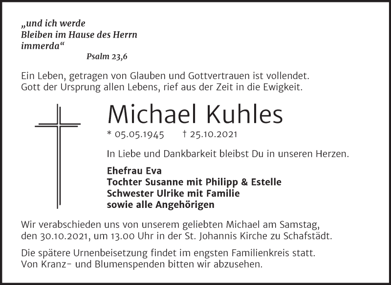  Traueranzeige für Michael Kuhles vom 28.10.2021 aus Trauerkombi Merseburg