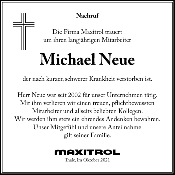 Traueranzeige von Michael Neue von Mitteldeutsche Zeitung Quedlingburg