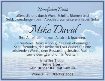 Traueranzeige von Mike David von Trauerkombi Merseburg