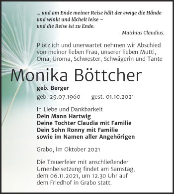 Traueranzeige von Monika Böttcher von Trauerkombi Wittenberg