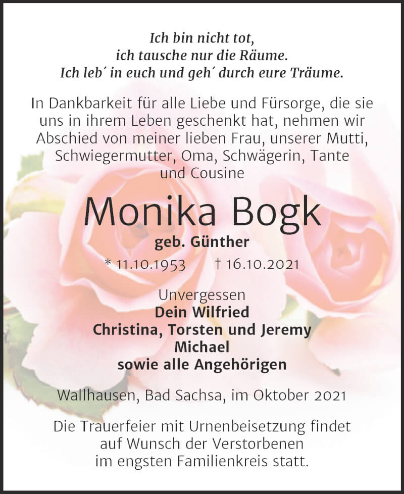  Traueranzeige für Monika Bogk vom 23.10.2021 aus Trauerkombi Sangerhausen