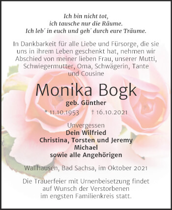 Traueranzeige von Monika Bogk von Trauerkombi Sangerhausen
