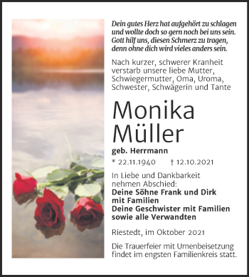 Traueranzeige von Monika Müller von Trauerkombi Sangerhausen