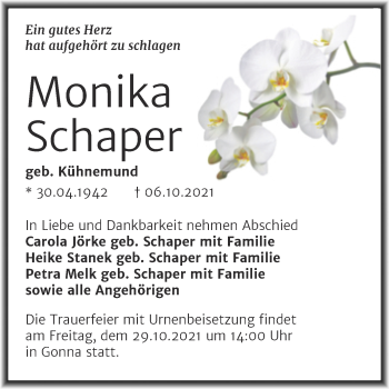 Traueranzeige von Monika Schaper von Trauerkombi Sangerhausen