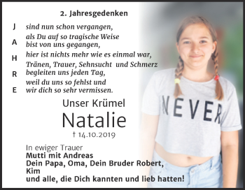 Traueranzeige von Natalie Skorupa von Trauerkombi Mansfelder Land