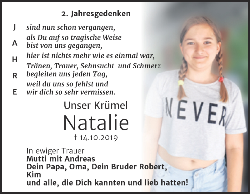  Traueranzeige für Natalie Skorupa vom 14.10.2021 aus Trauerkombi Mansfelder Land