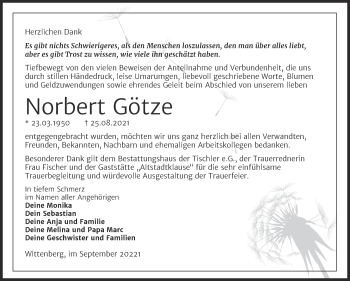 Traueranzeige von Norbert Götze von Trauerkombi Wittenberg