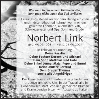 Traueranzeige von Norbert Link von Trauerkombi Weißenfels