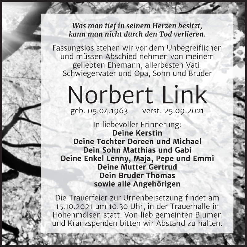  Traueranzeige für Norbert Link vom 06.10.2021 aus Trauerkombi Weißenfels