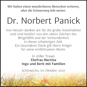 Traueranzeige von Norbert Panick von Trauerkombi Wittenberg