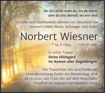 Traueranzeige von Norbert Wiesner von Mitteldeutsche Zeitung Halle/Saalkreis