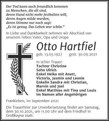 Traueranzeige von Otto Hartfiel von Trauerkombi Merseburg