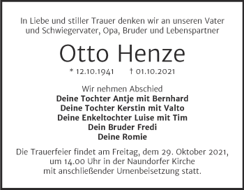 Traueranzeige von Otto Henze von Trauerkombi Wittenberg