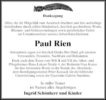 Traueranzeige von Paul Rien von Trauerkombi Wittenberg