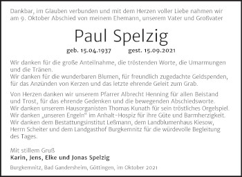 Traueranzeige von Paul Spelzig von Trauerkombi Bitterfeld