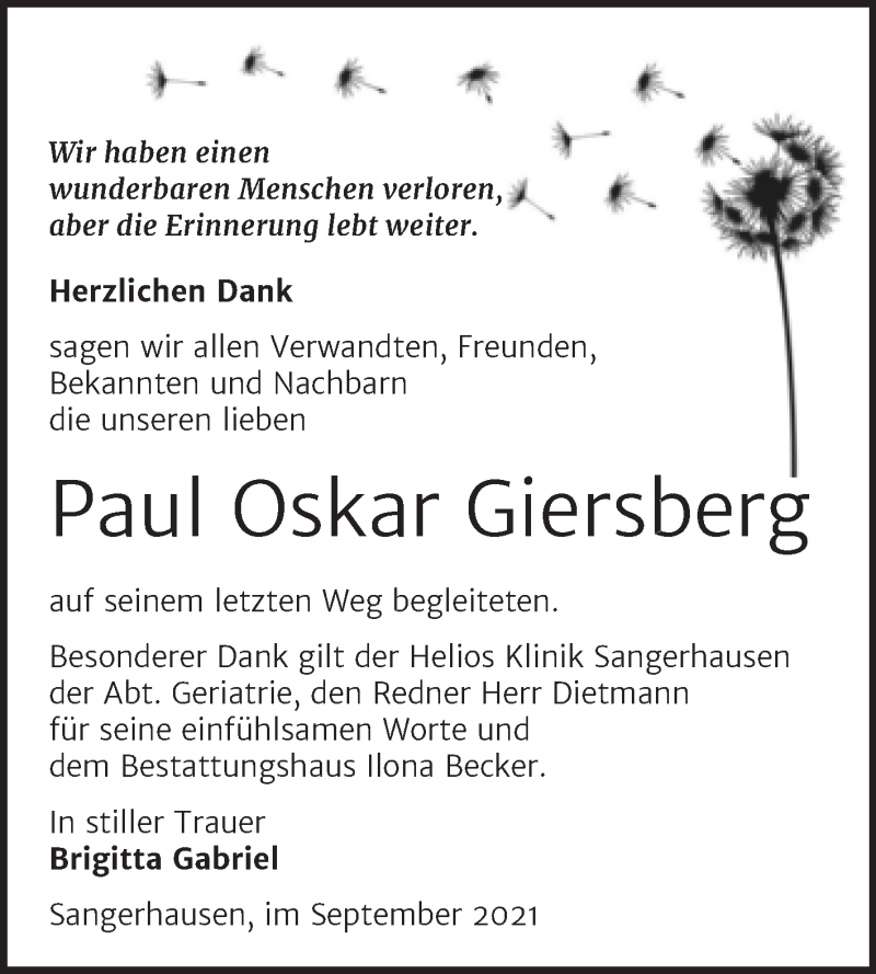  Traueranzeige für Paul Oskar Giersberg vom 06.10.2021 aus Trauerkombi Sangerhausen