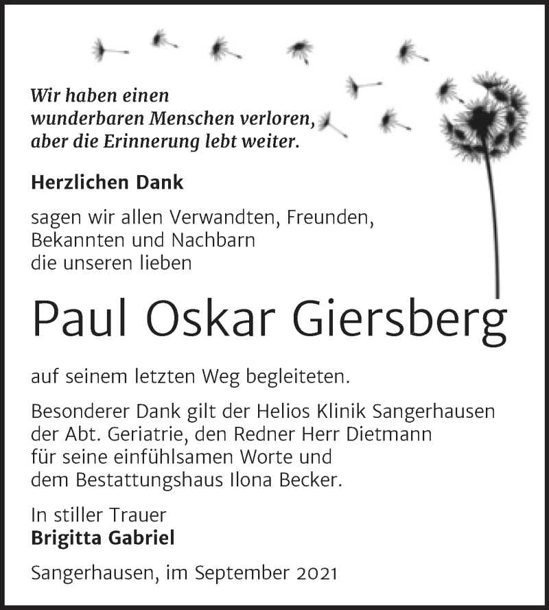  Traueranzeige für Paul Oskar Giersberg vom 02.10.2021 aus Trauerkombi Sangerhausen