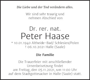 Traueranzeige von Peter Haase von Mitteldeutsche Zeitung Halle/Saalkreis