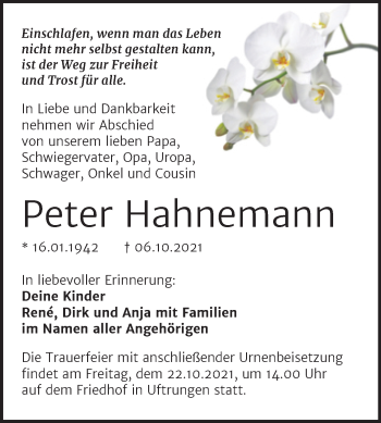 Traueranzeige von Peter Hahnemann von Trauerkombi Sangerhausen