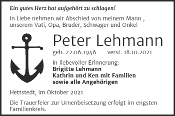Traueranzeige von Peter Lehmann von Trauerkombi Mansfelder Land