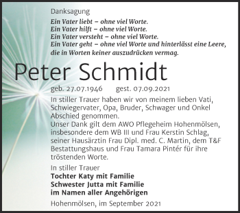 Traueranzeige von Peter Schmidt von Trauerkombi Weißenfels