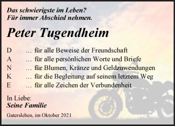 Traueranzeige von Peter Tugendheim von Trauerkombi Aschersleben