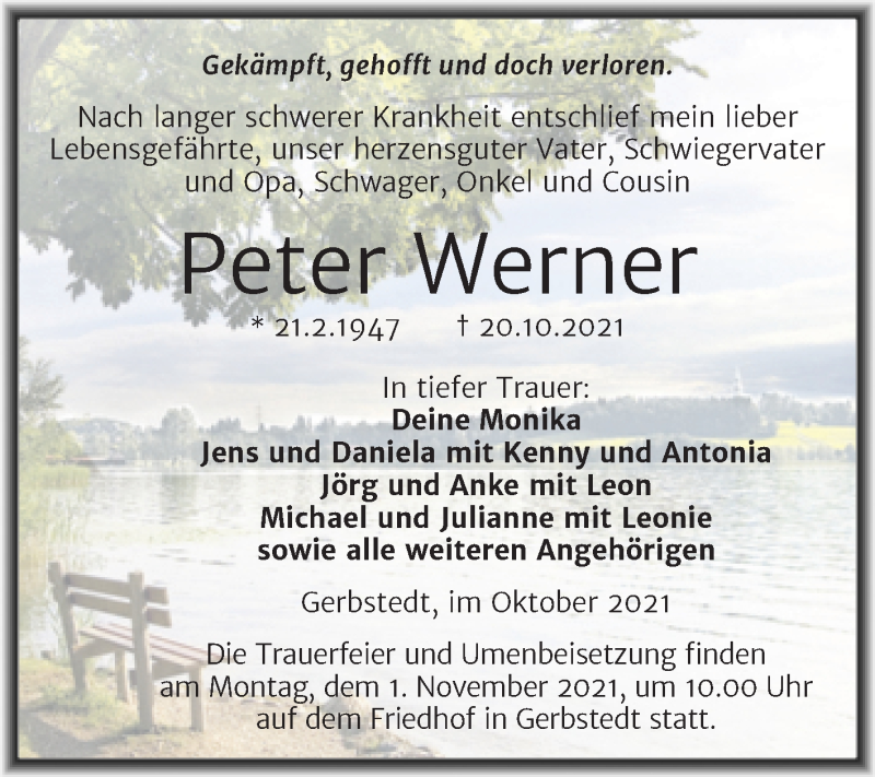  Traueranzeige für Peter Werner vom 26.10.2021 aus Trauerkombi Mansfelder Land
