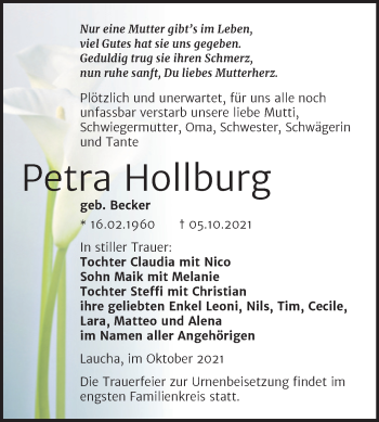 Traueranzeige von Petra Hollburg von Naumburger Tageblatt
