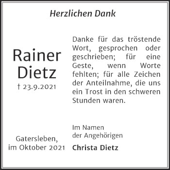 Traueranzeige von Rainer Dietz von Trauerkombi Aschersleben
