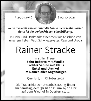Traueranzeige von Rainer Stracke von Trauerkombi Merseburg