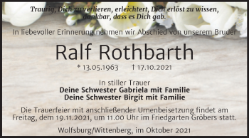 Traueranzeige von Ralf Rothbarth von Trauerkombi Wittenberg