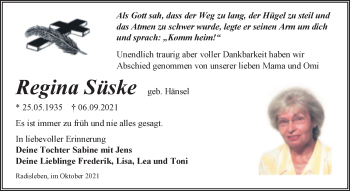 Traueranzeige von Regina Süske von Trauerkombi Quedlinburg