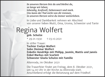 Traueranzeige von Regina Wolfert von Naumburger Tageblatt