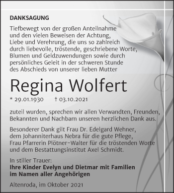 Traueranzeige von Regina Wolfert von Wochenspiegel Naumburg/Nebra