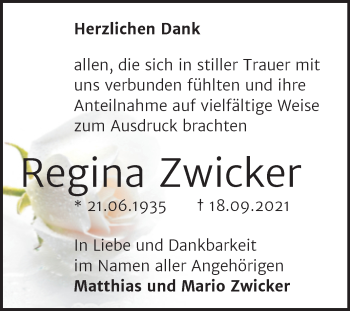 Traueranzeige von Regina Zwicker von Trauerkombi Wittenberg
