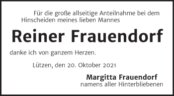 Traueranzeige von Reiner Frauendorf von Wochenspiegel Weißenfels