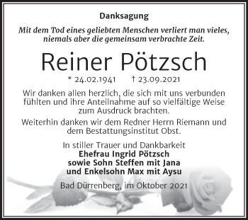 Traueranzeige von Reiner Pötzsch von Trauerkombi Merseburg