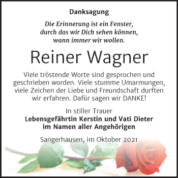 Traueranzeige von Reiner Wagner von Trauerkombi Sangerhausen