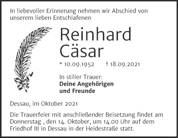 Traueranzeige von Reinhard Cäsar von Trauerkombi Dessau