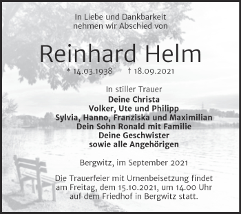 Traueranzeige von Reinhard Helm von Trauerkombi Wittenberg