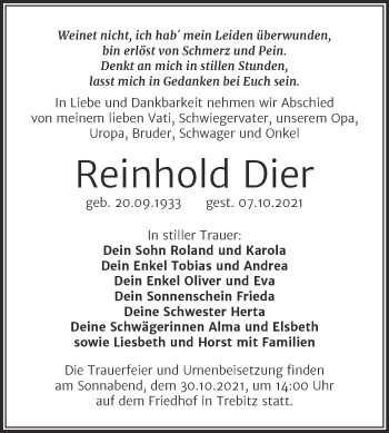 Traueranzeige von Reinhold Dier von Trauerkombi Wittenberg