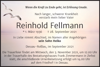 Traueranzeige von Reinhold Fellmann von Trauerkombi Dessau