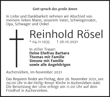 Traueranzeige von Reinhold Rösel von Trauerkombi Aschersleben