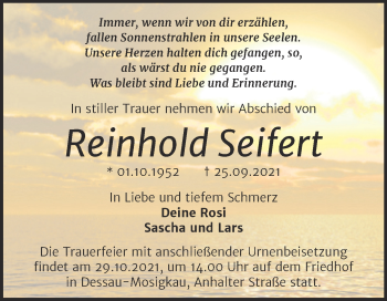 Traueranzeige von Reinhold Seifert von Trauerkombi Dessau