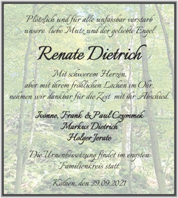 Traueranzeige von Renate Dietrich von Trauerkombi Köthen