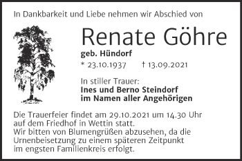 Traueranzeige von Renate Göhre von Mitteldeutsche Zeitung Halle/Saalkreis