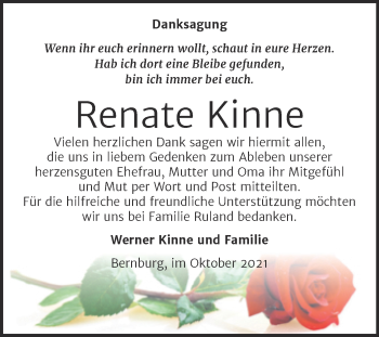 Traueranzeige von Renate Kinne von Trauerkombi Bernburg