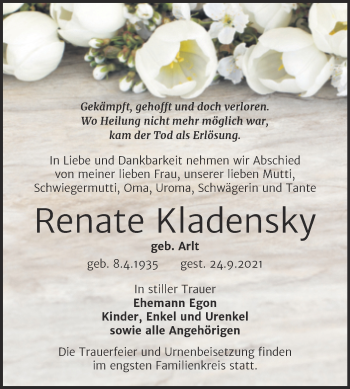 Traueranzeige von Renate Kladensky von Trauerkombi Köthen