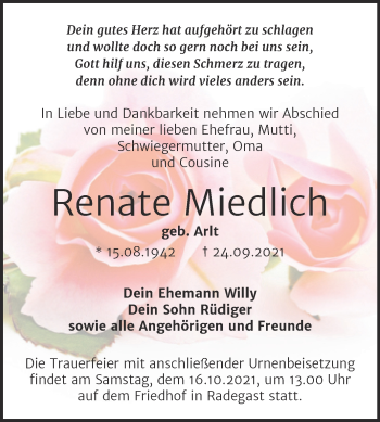 Traueranzeige von Renate Miedlich von Trauerkombi Köthen